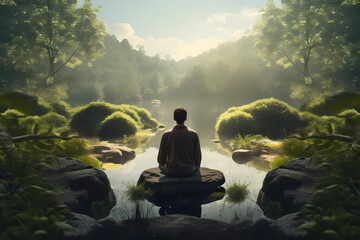 A man practicing mindfulness and meditation in a peaceful natural environment sony A7s realistic image, ultra hd, high design very detailed