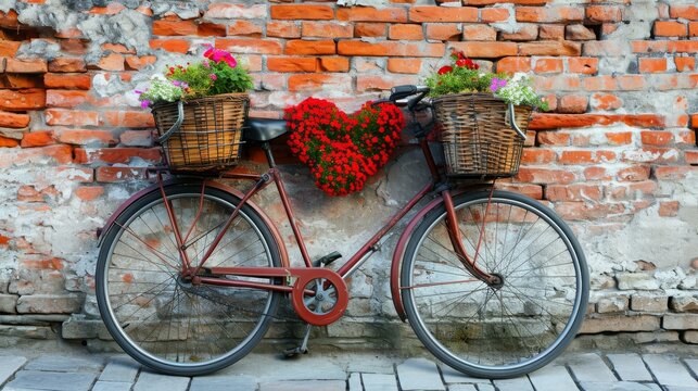 decorated bicycle with flowers against brick wall, romantic and valentine's day concept