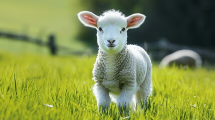 Lamb or sheep grazing on green grass meadow