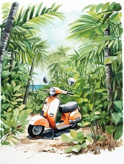 Vintage Vespa Illustrations: Tropical Beach Art of Vespa in the Tropics