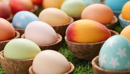 Multiple Easter eggs dyed in various pastel colors are placed inside individual sections of egg cartons. Each egg is surrounded by a small amount of straw to cushion and display it prominently