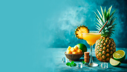 Pineapple cocktails on a blurred blue background, creative concept, space for text, banner
