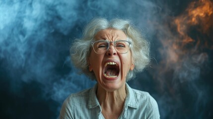 Old Woman screaming uncontrollably, reached the end of her rope - obrazy, fototapety, plakaty