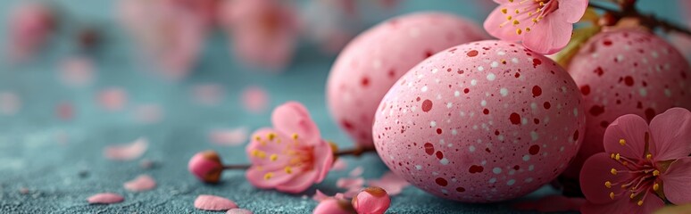 Header with pink easter eggs with dots surrounded by spring pink blossom on blue background