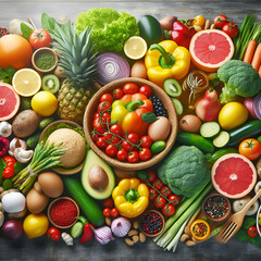 A vibrant display of various fresh foods, suggesting a balanced diet with diverse food options.