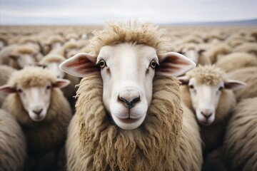 Fototapeta premium Sheep in the field at sunset, close-up view