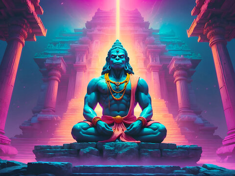 Lord Hanuman Meditating in front of a Temple, Retrowave Synthwave Style, Ai Generative