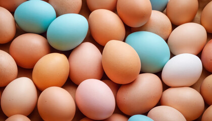 Easter colorful eggs pink, blue, green and white. Easter celebration concept.