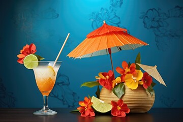 mai tai with tropical fruit, decorative umbrella