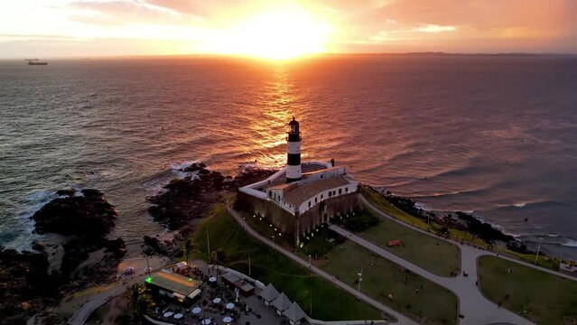Salvador, Bahia, Brazil. Tropical Travel Destination.Barra Lighthouse in sunset. Aerial sunset image