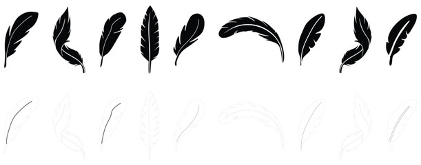 Set of black feather in a flat style. Set of bird feather. Pen vector icons. Black quill feather silhouette. Plumule collection isolated on white background. Feather