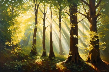 oil painting portraying the delicate dance of sunlight filtering through the leaves of an imaginary...
