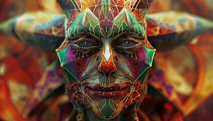 Fototapeta premium DMT jester Photorealistic portrait, cinematic, psychedelic human vision of geometric creatures. Mama Ayahuasca, psychedelic divine cosmic trippy godly spiritual entity. Expanded Consciousness