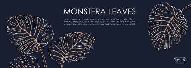 Luxury dark blue tropical design with golden monstera leaves. Botanical background, postcard, cover design, wallpaper. - obrazy, fototapety, plakaty
