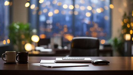 Office ambiance with bokeh background, blurred office desk background, blurred background, empty table, Generative AI