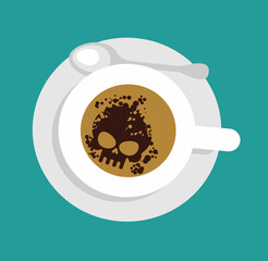 Fortune telling by coffee skull is a symbol of death. Mug and coffee top view. Fortune telling on coffee grounds - 720113963