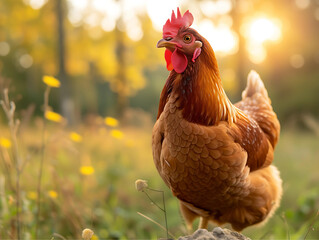 Brown rooster in the meadow at sunrise. Close up. - obrazy, fototapety, plakaty