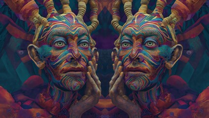 DMT jester Photorealistic portrait, cinematic, psychedelic human vision of geometric creatures. Mama Ayahuasca, psychedelic divine cosmic trippy godly spiritual entity. Expanded Consciousness