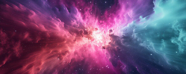 A cosmic explosion of vibrant pink, purple, and turquoise gradient background with a celestial grainy texture for an intergalactic event poster. 