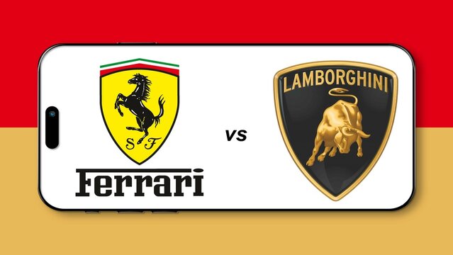 Istanbul, Turkey - 26 January 2024: Ferrari versus Lamborghini brand logos on a phone screen. Concept of competitiveness on Ferrari vs Lamborghini. Representation of business rivalries.