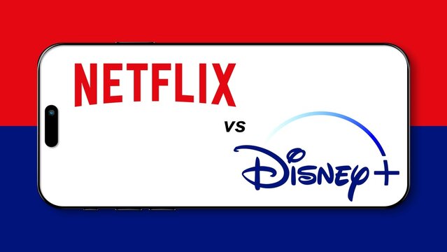 Istanbul, Turkey - 26 January 2024: Netflix versus Disney Plus brand logos on a phone screen. Concept of competitiveness on Netflix vs Disney Plus. Representation of business rivalries.