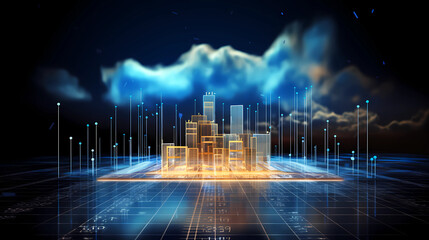 Digital informational technology web futuristic hologram with cloud icon, blue golden light digits and code background, cloud computing. Abstract Motion of digital data flow.