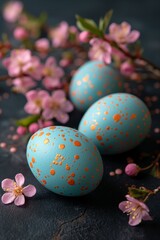 Close up of blue easter eggs with yellow dots surrounded by spring pink blossom on dark background