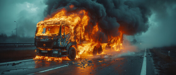 Burning delivery vehicle engulfed in flames and smoke by roadside ,generative ai. - obrazy, fototapety, plakaty