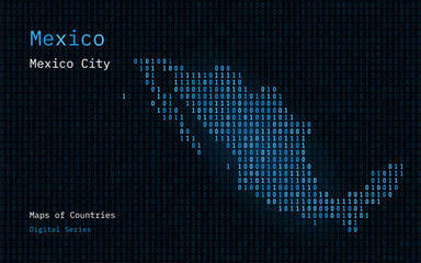Mexico Map Shown in Binary Code Pattern. TSMC. Blue Matrix numbers, zero, one. World Countries Vector Maps. Digital Series	