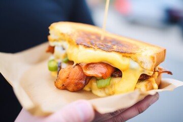 closeup of a grilled cheese sandwich from a speciality truck