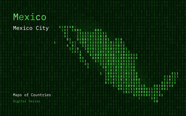 Mexico Map Shown in Binary Code Pattern. TSMC. Blue Matrix numbers, zero, one. World Countries Vector Maps. Digital Series	