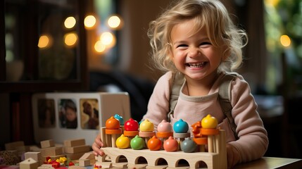 Fototapeta na wymiar Joyful Playtime: Cute 4-Year-Old Laughs with Educational Toys