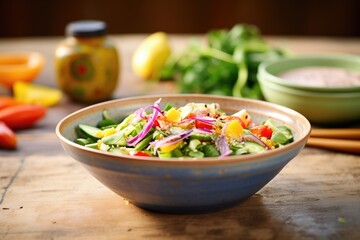 colorful salad bowl with fresh vegetables and dressing