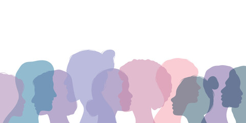Group diversity silhouette multiethnic people from the side, vector illustration of humans, social issues banner
