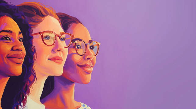 Happy International Women's Day illustration showing happy and diverse team of female colleagues. Digital IWD image of a successful multi racial workplace. Copy space, AI generated