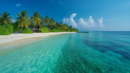 Fototapeta premium Capturing the serene beauty of a pristine beach accentuates the vibrant turquoise and emerald hues of the water against the white sand, evoking a sense of tranquility and serenity. Ocean beach island.