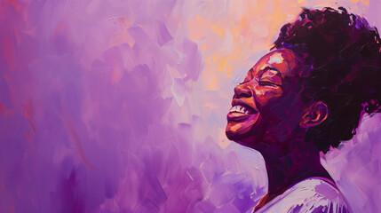 Digital painting of a happy black african american woman. International Women's Day inclusion and diversity illustration. Copy space - obrazy, fototapety, plakaty