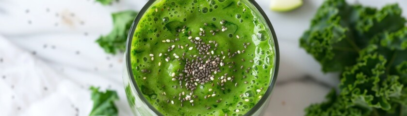 Artistic close-up of a green detox smoothie with kale, spinach, and apple, garnished with chia seeds, natural light setting