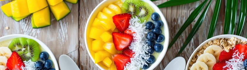 Bright and refreshing tropical smoothie bowls, topped with sliced fruits and coconut flakes, on a...