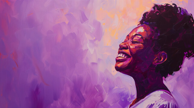 Digital painting of a happy black african american woman. International Women's Day inclusion and diversity illustration. Copy space