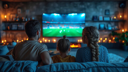 Caucasian family watching tv with football match on screen. Global sport concept, digital composite image, generative ai - Powered by Adobe