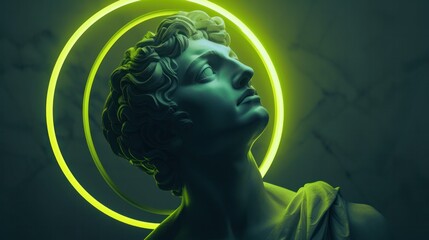 Surreal digital art with one neon green circle around the head, in the style of white, androgynous, statue of a man - ancient Greek, antiquity, stone statue, Ancient Greece,