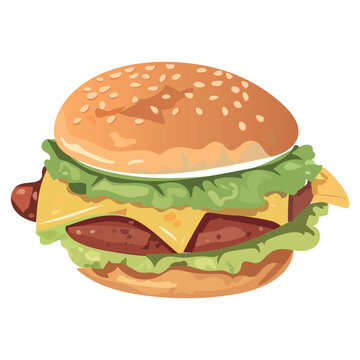 Burger element of colorful set. This artwork showcases a mouthwatering burger in a fun and inviting cartoon design. Vector illustration.