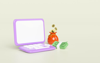 3d purple laptop computer monitor with bag coin dollar money, banknotes stack isolated. minimal concept, 3d render illustration