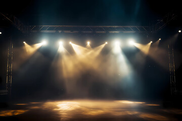 Empty concert stage with illuminated spotlights and smoke. Stage background with copy space