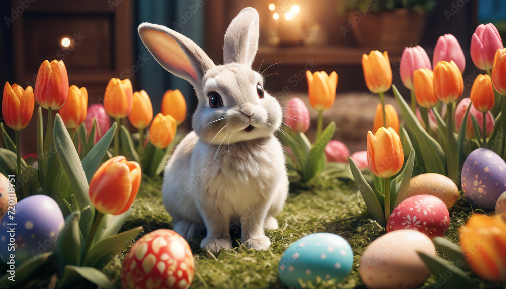 Poster easter scene with rabbit and colorful eggs. depicting rabbit in festive spring scene surrounded by f - Posters