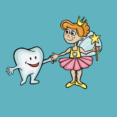 Tooth fairy making friends with tooth character, vector illustration
