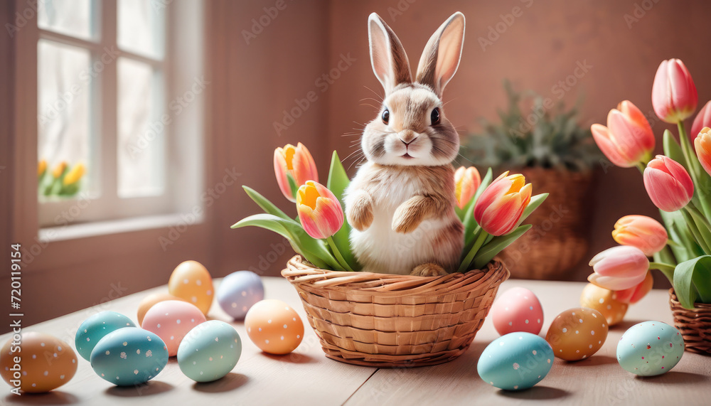 Wall mural Easter scene with rabbit and colorful eggs. Small rabbit in yellow flower pot. Depicting rabbit in festive spring scene. - Wall murals