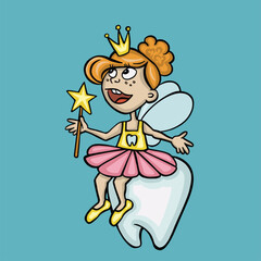 Tooth fairy sits on tooth excitedly, vector illustration