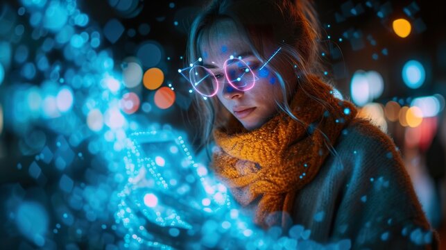 Young Female Identified by Biometric Facial Recognition Scanning Process from Her Smartphone. Futuristic Concept